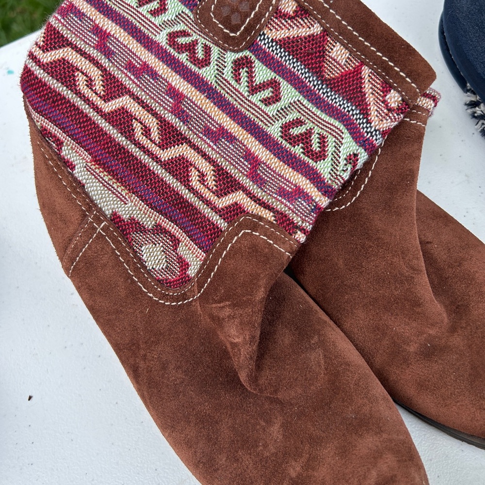 Boho Brown Suede Boots with Colorful Pattern